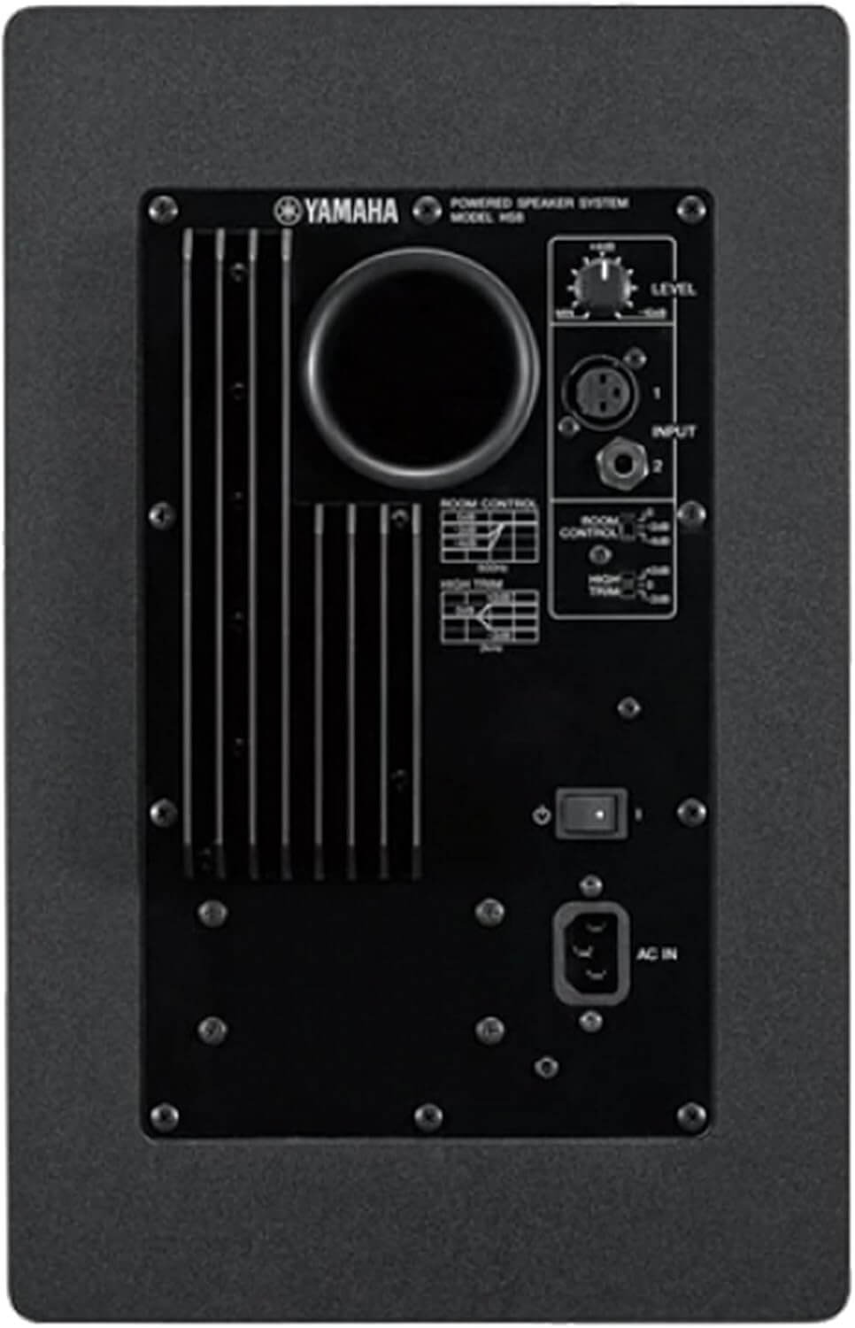 Yamaha HS8 8-inch powered studio monitor in black color, showcasing its design and features.
