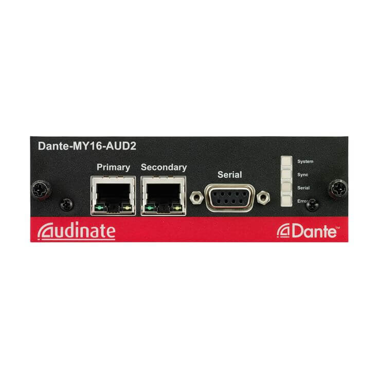 Yamaha MY16-AUD Mini YGDAI Card showcasing its front view, designed for 16-channel Dante network input and output.
