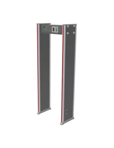 ZKTeco D2180 Walk Through Metal Detector showcasing its 18 detection zones and remote control feature.