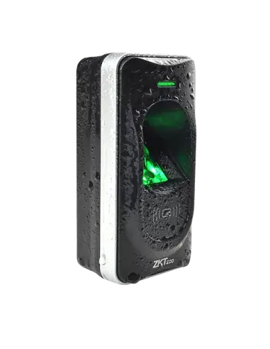 ZKTeco F12 RFID and Fingerprint Outdoor Reader showcasing its design and features.
