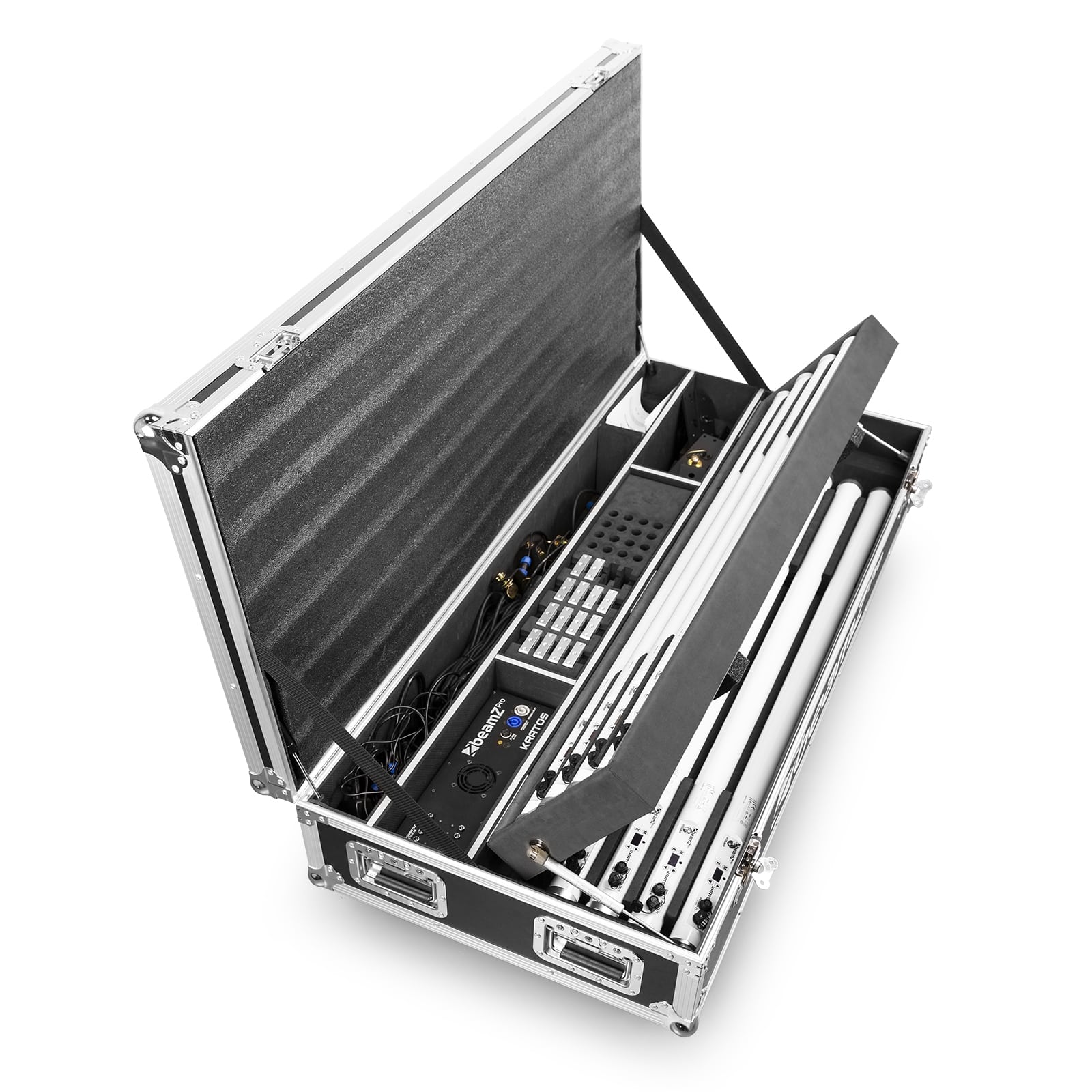 Top view of the open flightcase for the beamZ Pro Kratos LED Tube Set with 8 RGBW LED tubes, IP65 weatherproof, and wireless control.