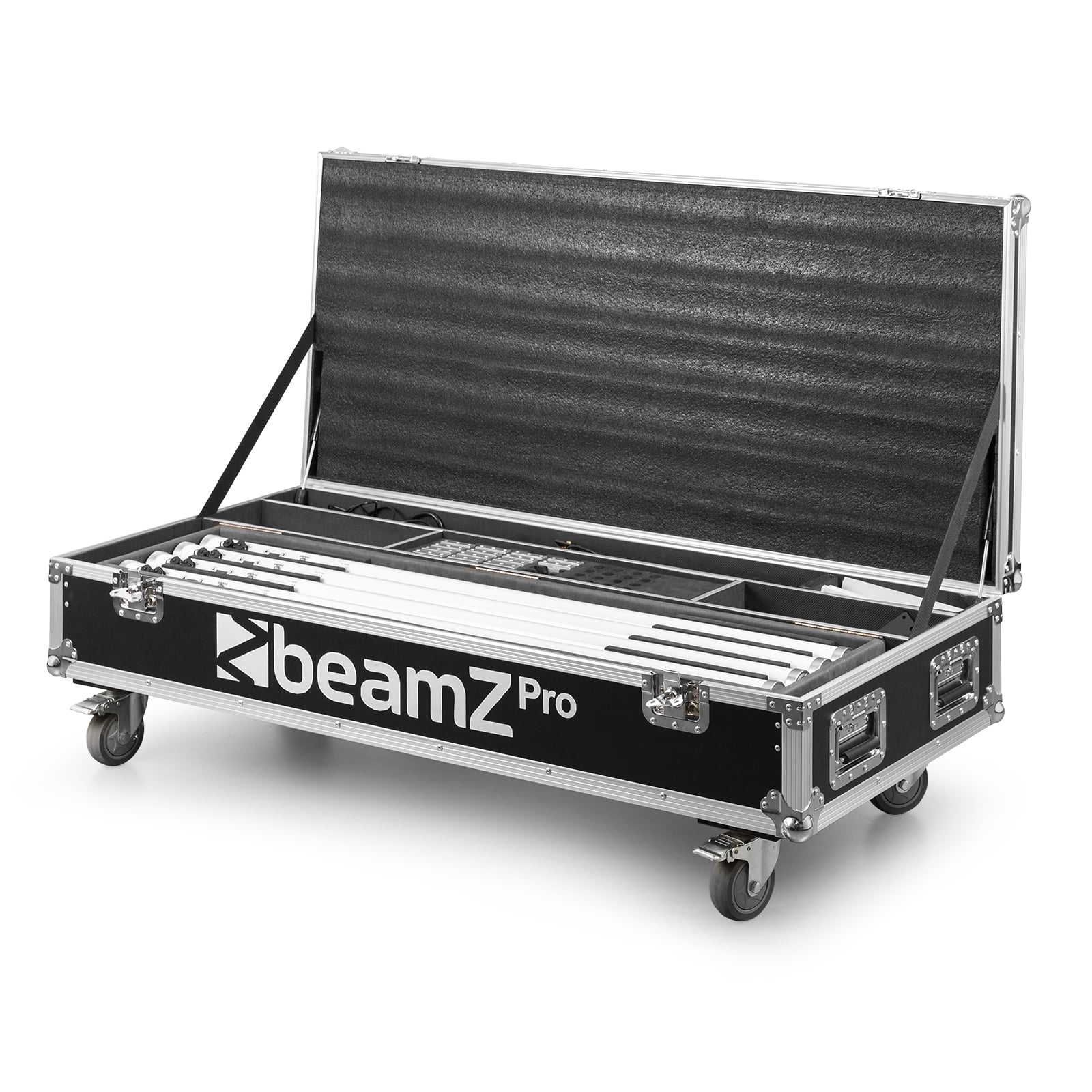 Front view of the open flightcase for the beamZ Pro Kratos LED Tube Set with 8 RGBW LED tubes, IP65 weatherproof, and wireless control.