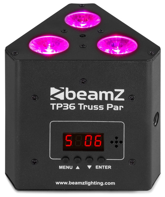 Top front view of the beamZ TP36 Truss Par with 3x 4W 4-in-1 LEDs and RGB-UV color mixing.